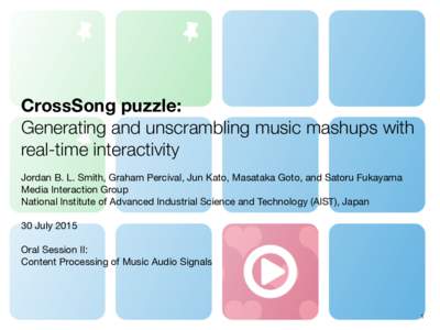 CrossSong puzzle: Generating and unscrambling music mashups with real-time interactivity Jordan B. L. Smith, Graham Percival, Jun Kato, Masataka Goto, and Satoru Fukayama  Media Interaction Group