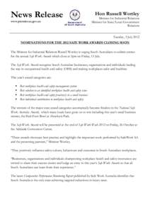 News Release www.premier.sa.gov.au Hon Russell Wortley Minister for Industrial Relations Minister for State/Local Government