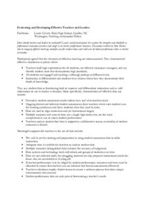 Evaluating and Developing Effective Teachers and Leaders Facilitator: Laurie Calvert, Enka High School, Candler, NC Washington Teaching Ambassador Fellow