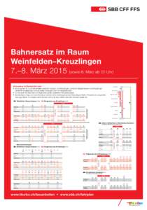 Bahnersatz im Raum Weinfelden–Kreuzlingen 7.–8. März[removed]sowie 6. März ab 22 Uhr) Gleisumbau im Bahnhof Bernrain • Die Züge der S14 und SN entfallen zwischen Lengwil und Kreuzlingen. Zwischen Siegershausen und