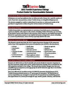 2015	
  Temkin	
  Experience	
  Ratings	
   Product	
  Guide	
  For	
  Downloadable	
  Datasets	
   Information	
  About	
  Data	
  Licensing	
   All	
  datasets	
  are	
  excel	
  spreadsheets	
  that	