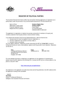 REGISTER OF POLITICAL PARTIES The Australian Electoral Commission (AEC) has received the following application for registration as a political party under the provisions of the Commonwealth Electoral Act[removed]the Electo