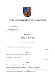 VERWALTUNGSGERICHT DES SAARLANDES  Az.: 1 K[removed]Verkündet am 10.  Scherer