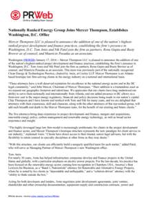 Nationally Ranked Energy Group Joins Mercer Thompson, Establishes Washington, D.C. Office Mercer Thompson LLC is pleased to announce the addition of one of the nation’s highestranked project development and finance pra