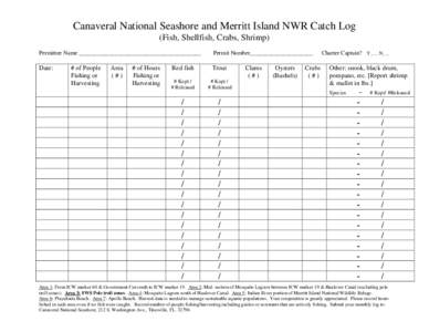 Canaveral National Seashore and Merritt Island NWR Catch Log (Fish, Shellfish, Crabs, Shrimp) Permittee Name _________________________________________ Permit Number_____________________