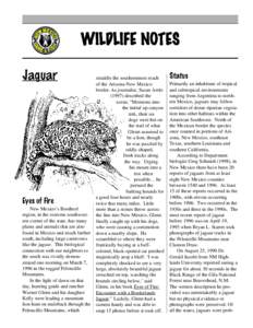 WILDLIFE NOTES Jaguar Eyes of Fire New Mexico’s Bootheel region, in the extreme southwestern corner of the state, has many