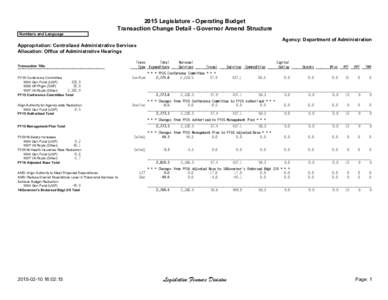 2015 Legislature - Operating Budget Transaction Change Detail - Governor Amend Structure Numbers and Language Agency: Department of Administration Appropriation: Centralized Administrative Services