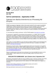 25 July[removed]–14] Call for submissions – Application A1096 Xylanase from Bacillus licheniformis as a Processing Aid (Enzyme)