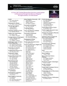 A List of all Visiting Researchers that have participated in the Journey through the Universe Program 38 organizations; 114 individuals AAAS Dr. Connie Bertka Steve Hopkins