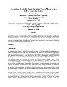 Correlating Trust with Signal Detection Theory Measures in a Hybrid Inspection System Xiaochun Jiang Department of Industrial and Systems Engineering North Carolina A&T State University 1601 E Market St