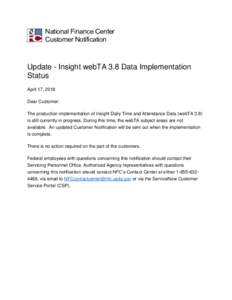 Update - Insight webTA 3.8 Data Implementation Status