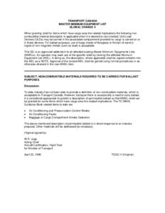 TRANSPORT CANADA MASTER MINIMUM EQUIPMENT LIST GLOBAL CHANGE 4 When granting relief for items which have cargo area fire related implications the following noncombustible material description is applicable when it is des