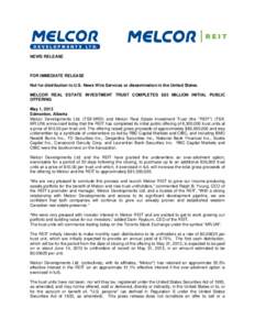 Press Release re Melcor REIT IPO CLosing - Draft #7 - FINAL (E1256302).DOCX