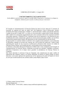 COMUNICATO STAMPA –11 luglio[removed]UNICOOP TIRRENO LASCIA BENEVENTO