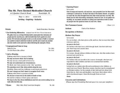 The Mt. Fern United Methodist Church 443 Quaker Church Road Randolph, NJ  May 11, 2014   10:00 A.M.