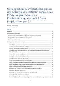 Stellungnahme des Vorhabenträgers zu den Anträgen des BUND im Rahmen des Erörterungsverfahrens im Planfeststellungsabschnitt 1.3 des Projekts Stuttgart 21