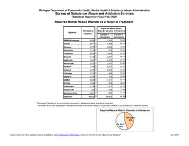 Michigan Department of Community Health, Mental Health & Substance Abuse Administration  Bureau of Substance Abuse and Addiction Services Statistical Report for Fiscal Year 2009 Reported Mental Health Disorder as a facto