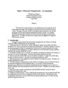 Paper v. Electronic Voting Records – An Assessment Michael Ian Shamos1 School of Computer Science