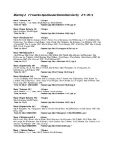 Meeting 2 Fireworks Spectacular/Demolition Derby[removed]Race 1 Saloons Ht 1 10 Laps 89a T.Roberts, 11a L.Yates, 26a B.Stuckey, 59a B.Skelton Time 3m[removed]Fastest Lap 59a B.Skelton[removed]Lap 10