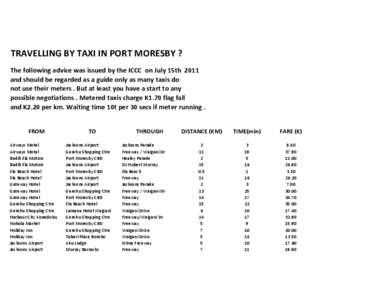 TRAVELLING BY TAXI IN PORT MORESBY ? The following advice was issued by the ICCC on July 15th 2011 and should be regarded as a guide only as many taxis do