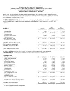 GENERAL APPROPRIATIONS RESOLUTION AMENDED RESOLUTION FOR ADOPTION BY THE BOARD OF EDUCATION WASHTENAW TECHNICAL MIDDLE COLLEGE GENERAL EDUCATION BUDGET[removed]RESOLVED, that this resolution shall be the general appro