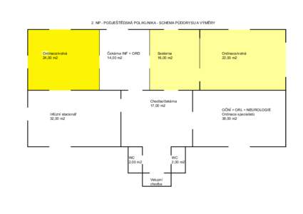 2. NP - PODJEŠTĚDSKÁ POLIKLINIKA - SCHEMA PŮDORYSU A VÝMĚRY  Ordinace/volná 24,00 m2  Čekárna INF + ORD