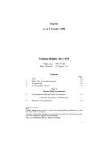 Reprint as at 1 October 2008 Human Rights Act 1993 Public Act Date of assent