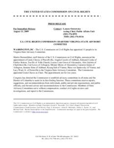 THE UNITED STATES COMMISSION ON CIVIL RIGHTS  PRESS RELEASE For Immediate Release August 11, 2009