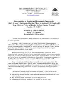 RECAPITALIZATION ADVISORS, INC. 20 Winthrop Square, 4th Floor Boston, MA[removed]Tel: ([removed]Fax: ([removed]www.recapadvisors.com