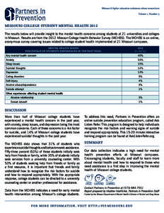 Missouri’s higher education substance abuse consortium Volume 1, Number 5 MISSOURI COLLEGE STUDENT MENTAL HEALTH 2012 The results below will provide insight to the mental health concerns among students at 21 universiti