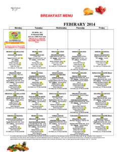 High School 9h-12th BREAKFAST MENU  FEBIRARY 2014