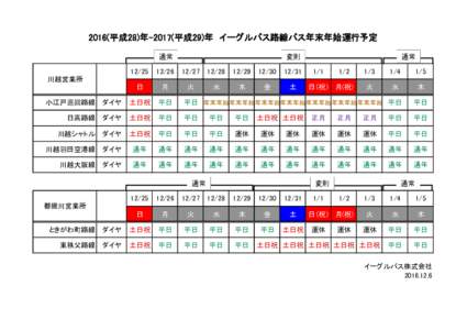 2016(平成28)年-2017(平成29)年　イーグルバス路線バス年末年始運行予定 通常 変則  通常