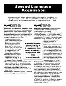 Second Language Acquisition Given the complexity of language development, several myths have arisen about learning and acquiring a second language. In a 1992 article titled “Myths and Misconceptions About Second Langua