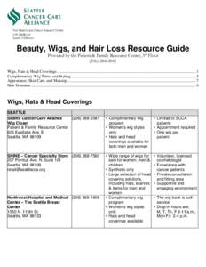 Beauty, Wigs, and Hair Loss Resource Guide Provided by the Patient & Family Resource Center, 3rd Floor[removed]Wigs, Hats & Head Coverings...........................................................................