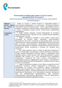 Рекомендации по оформлению заявки за участие закупке, проводимой ПАО «Ростелеком»1 (Краткая инструкция для Претенденто