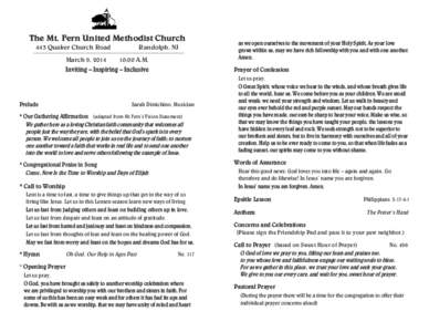 The Mt. Fern United Methodist Church 443 Quaker Church Road Randolph, NJ  March 9, 2014   10:00 A.M.