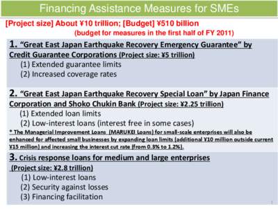 Financing Assistance Measures for SMEs [Project size] About ¥10 trillion; [Budget] ¥510 billion (budget for measures in the first half of FY[removed]. “Great East Japan Earthquake Recovery Emergency Guarantee” by Cr