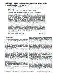 The benefit of binaural hearing in a cocktail party: Effect of location and type of interferer