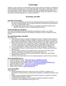 Grade Eight Students in grade eight have an understanding of the origins and causes of diseases, including the relationship between family history and certain health risks. They begin to relate short- and longterm conseq