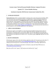 Guaranty Agency Total and Permanent Disability Discharge Assignment Procedures Appendix VII – Veterans Disability Discharge Attachment to September 2010 Electronic Announcement (Updated May[removed]SUMMARY/OVERVIEW Ve