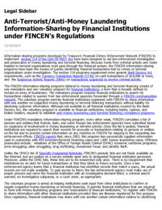 Anti-Terrorist/Anti-Money Laundering Information-Sharing by Financial Institutions under FINCEN’s Regulations