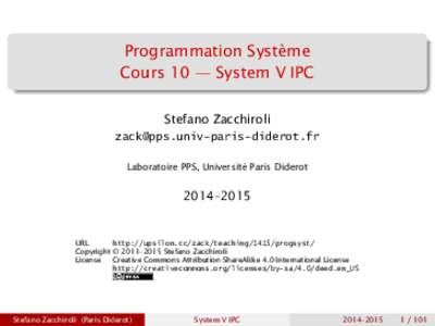 Programmation Système Cours 10 — System V IPC Stefano Zacchiroli  Laboratoire PPS, Université Paris Diderot
