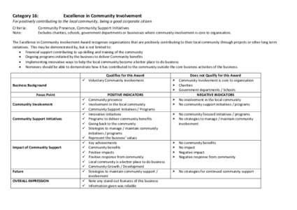 Category 16:  Excellence in Community Involvement For positively contributing to the local community, being a good corporate citizen Criteria: