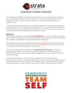 LEADERSHIP ACADEMY OVERVIEW The “Leadership Academy” offered by Strata Leadership is a customized series of training sessions tailored and branded to your organization. This level of training is ideal for team member