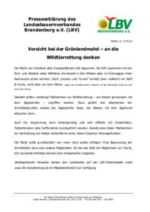 Presseerklärung des Landesbauernverbandes Brandenburg e.V. (LBV) Teltow, dVorsicht bei der Grünlandmahd – an die