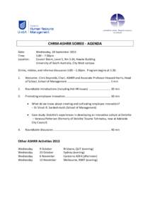 CHRM-ASHRR SOIREE - AGENDA Date: Time: Location:  Wednesday, 18 September 2013