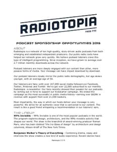 Podcast sponsorship opportunities 2015 About Radiotopia is a network of ten high-quality, story-driven audio podcasts from both emerging and established independent producers. Our public radio roots have helped our netwo