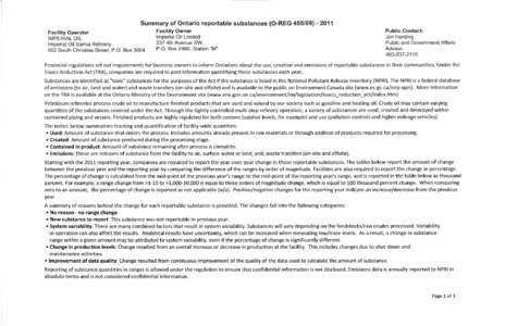 Summary of Ontario reportable substances (0-REG[removed]Facility Operator IMPERIAL OIL Imperial Oil Sarnia Refinery 602 South Christina Street, P.O. Box 3004