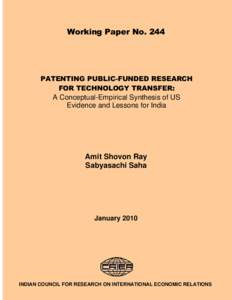 Working Paper NoPATENTING PUBLIC-FUNDED RESEARCH FOR TECHNOLOGY TRANSFER:  A Conceptual-Empirical Synthesis of US