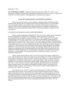 September 13, 2012 CSC WIND REGULATIONS – Adoption of Regulations pursuant to Public Act[removed], An Act Requiring the Adoption of Regulations for the Siting of Wind Projects, Sections 16-50j-2a, 16-50j-18 and 16-50j-92